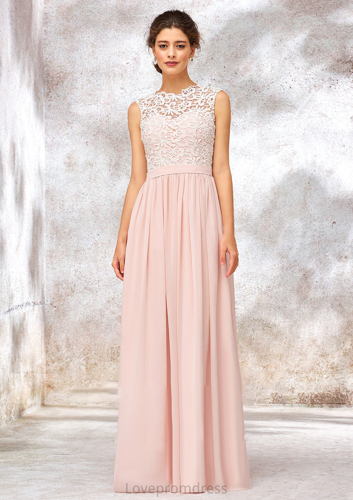 Scoop Neck Sleeveless Long/Floor-Length Chiffon A-line/Princess Bridesmaid Dresses With Lace Aracely DYP0025398