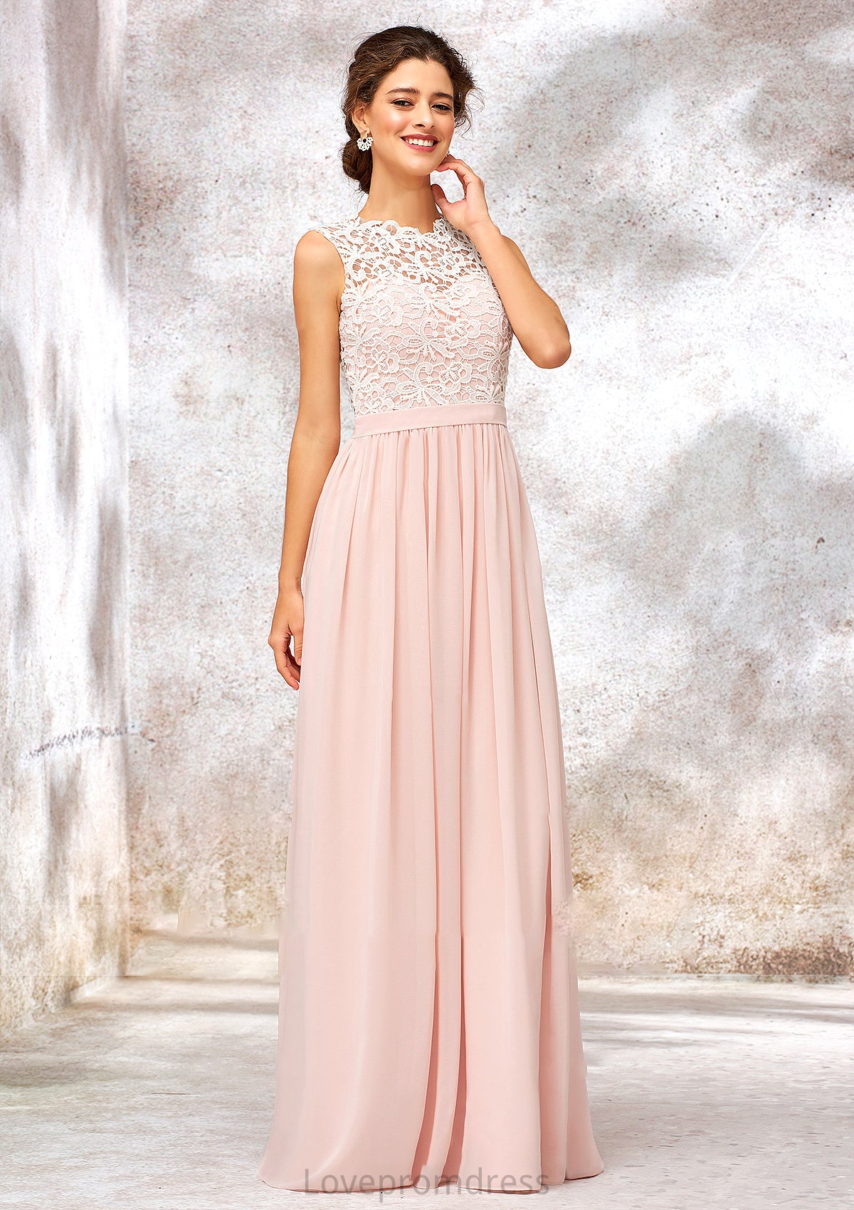 Scoop Neck Sleeveless Long/Floor-Length Chiffon A-line/Princess Bridesmaid Dresses With Lace Aracely DYP0025398