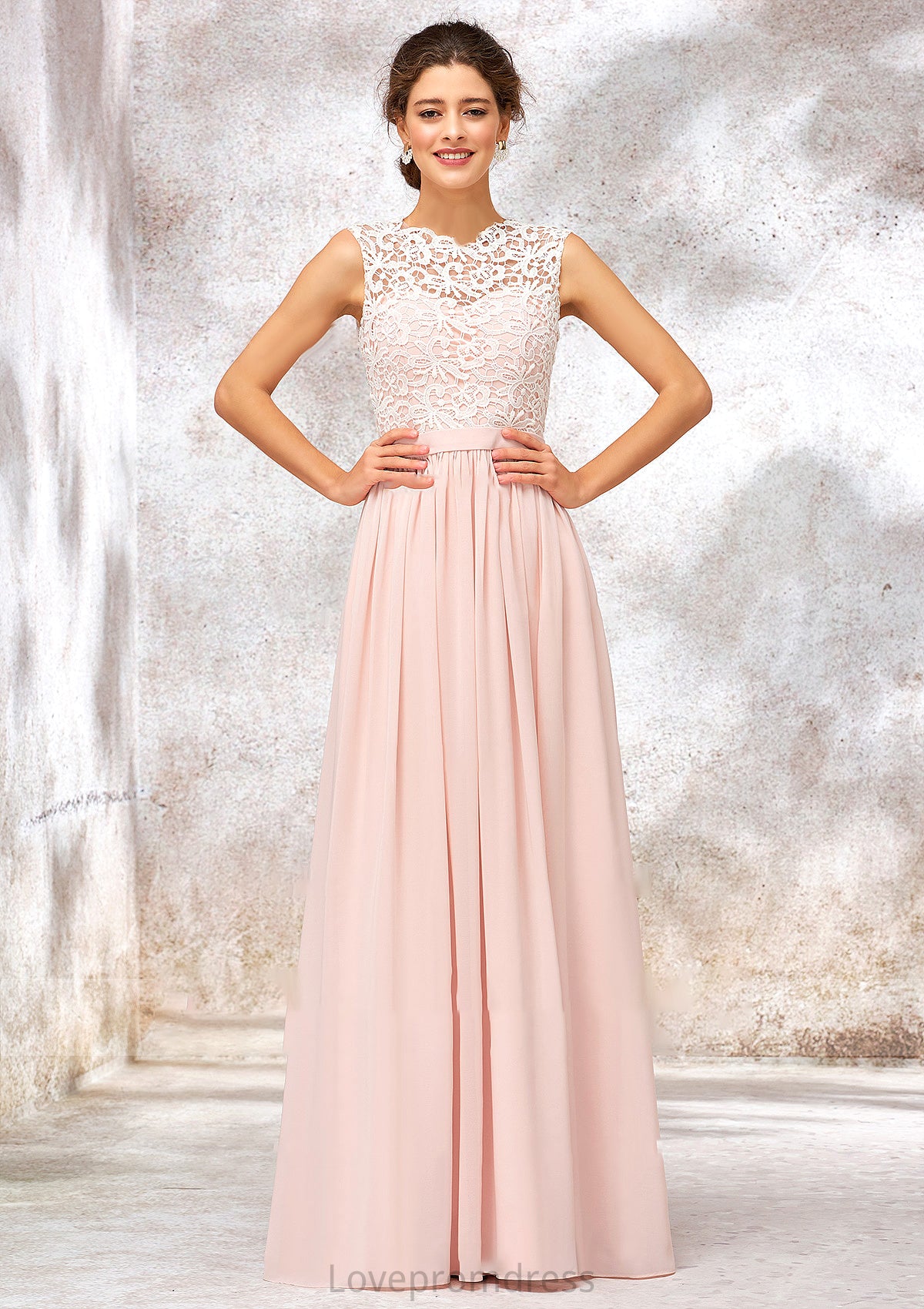 Scoop Neck Sleeveless Long/Floor-Length Chiffon A-line/Princess Bridesmaid Dresses With Lace Aracely DYP0025398