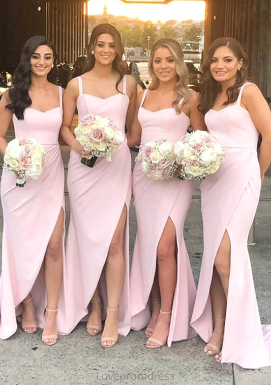 Sheath/Column Sweetheart Sleeveless Sweep Train Elastic Satin Bridesmaid Dresses With Pleated Split Angel DYP0025400