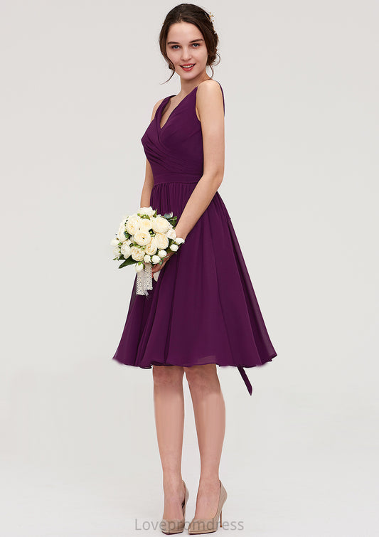 Sleeveless V Neck Chiffon A-line/Princess Knee-Length Bridesmaid Dresses With Pleated Penelope DYP0025401