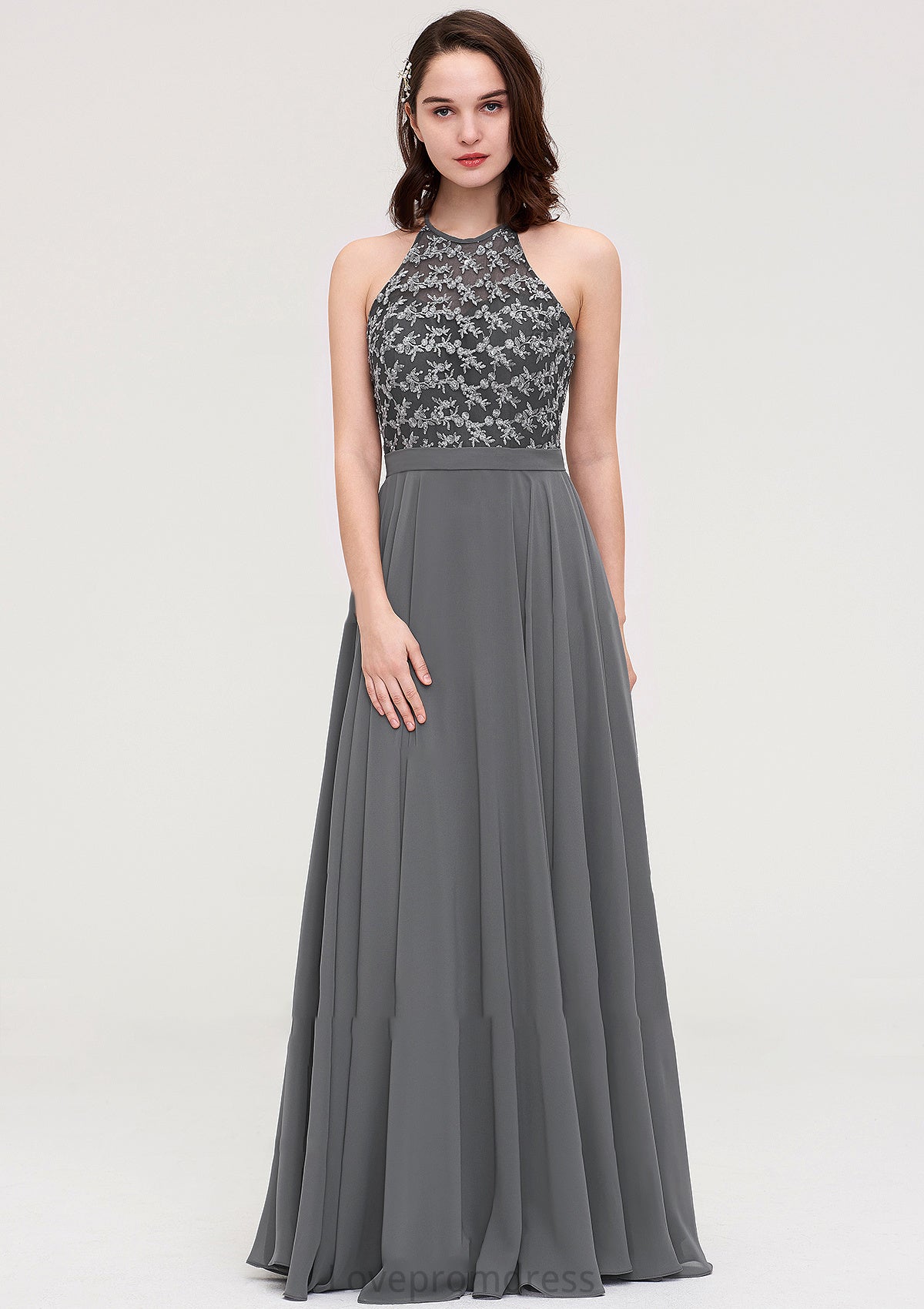 A-line/Princess Halter Long/Floor-Length Chiffon A-line/Princess Bridesmaid Dresses With Appliqued Chloe DYP0025402