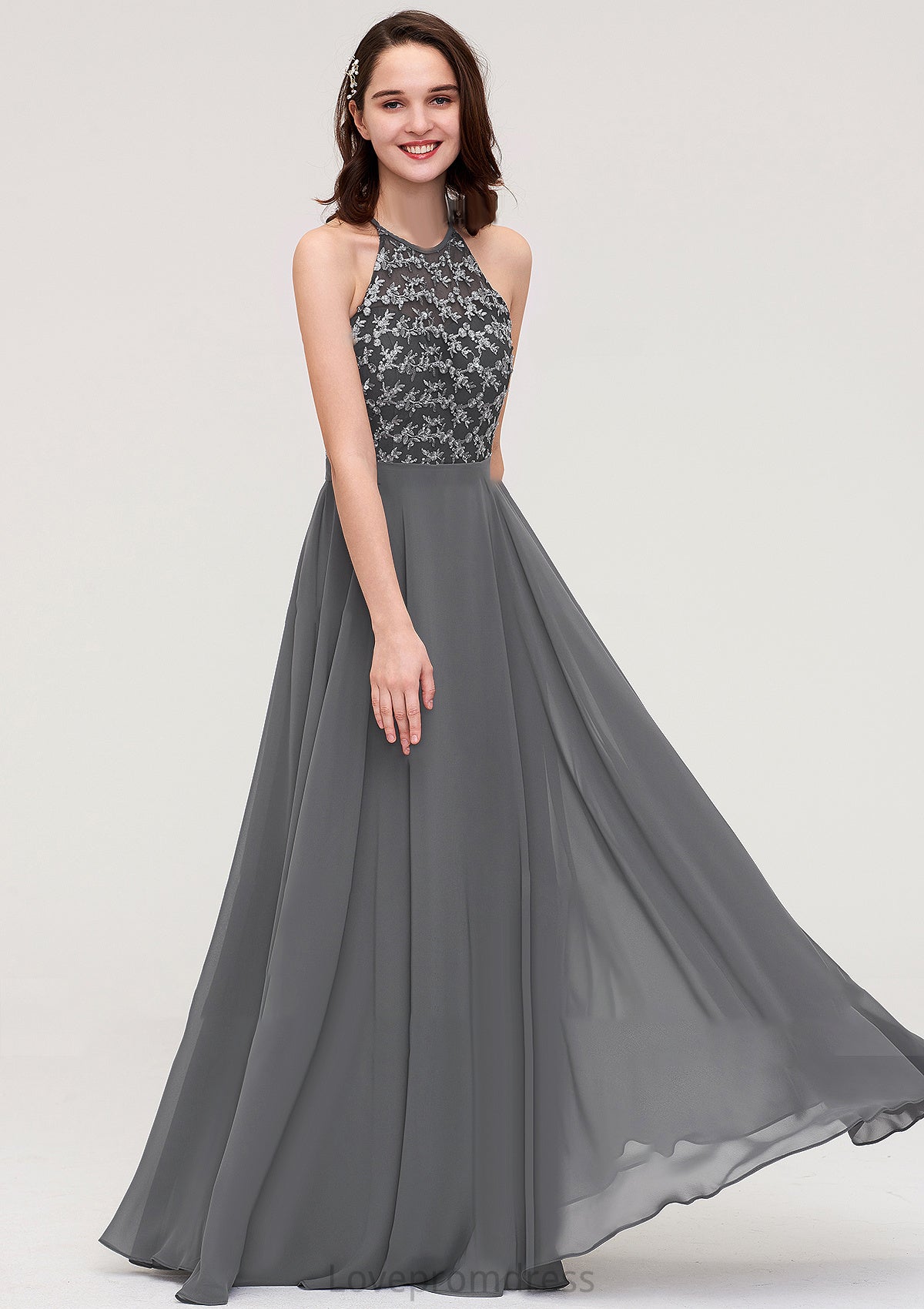 A-line/Princess Halter Long/Floor-Length Chiffon A-line/Princess Bridesmaid Dresses With Appliqued Chloe DYP0025402