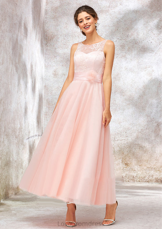 Bateau Sleeveless Tea-Length Tulle A-line/Princess Bridesmaid Dresses With Waistband Lace Elianna DYP0025403