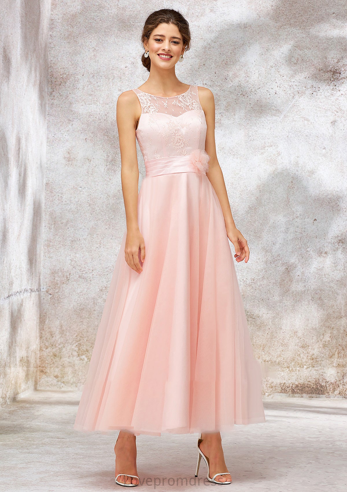 Bateau Sleeveless Tea-Length Tulle A-line/Princess Bridesmaid Dresses With Waistband Lace Elianna DYP0025403