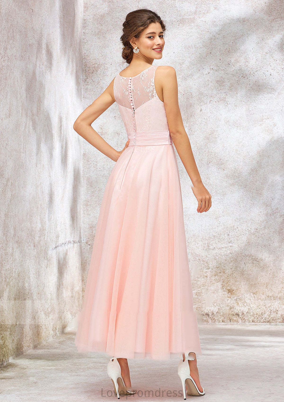 Bateau Sleeveless Tea-Length Tulle A-line/Princess Bridesmaid Dresses With Waistband Lace Elianna DYP0025403