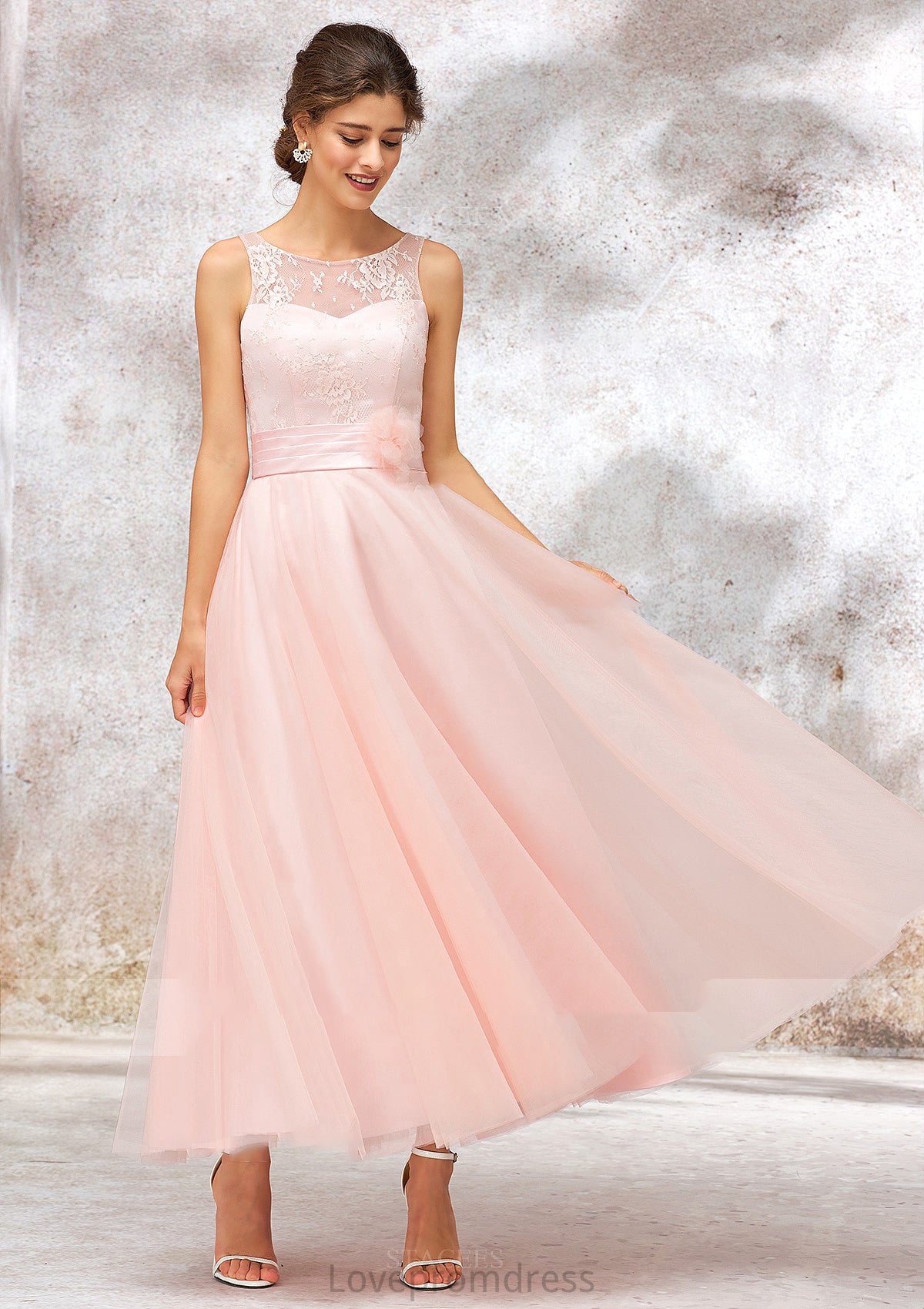 Bateau Sleeveless Tea-Length Tulle A-line/Princess Bridesmaid Dresses With Waistband Lace Elianna DYP0025403