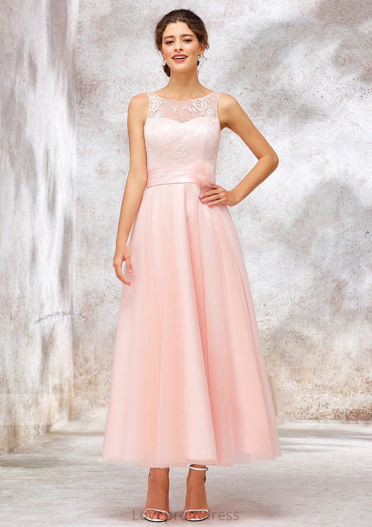 Bateau Sleeveless Tea-Length Tulle A-line/Princess Bridesmaid Dresses With Waistband Lace Elianna DYP0025403