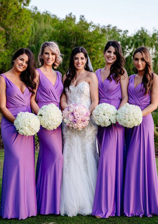 Sheath/Column V Neck Sleeveless Long/Floor-Length Jersey Bridesmaid Dresses With Pleated Makenzie DYP0025404