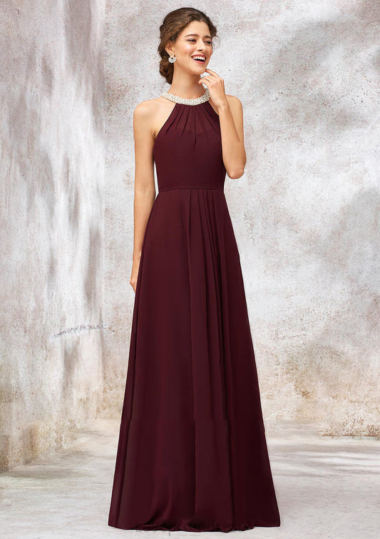 Sleeveless Scoop Neck Long/Floor-Length Chiffon A-line/Princess Bridesmaid Dresses With Pleated Beading Maryjane DYP0025406