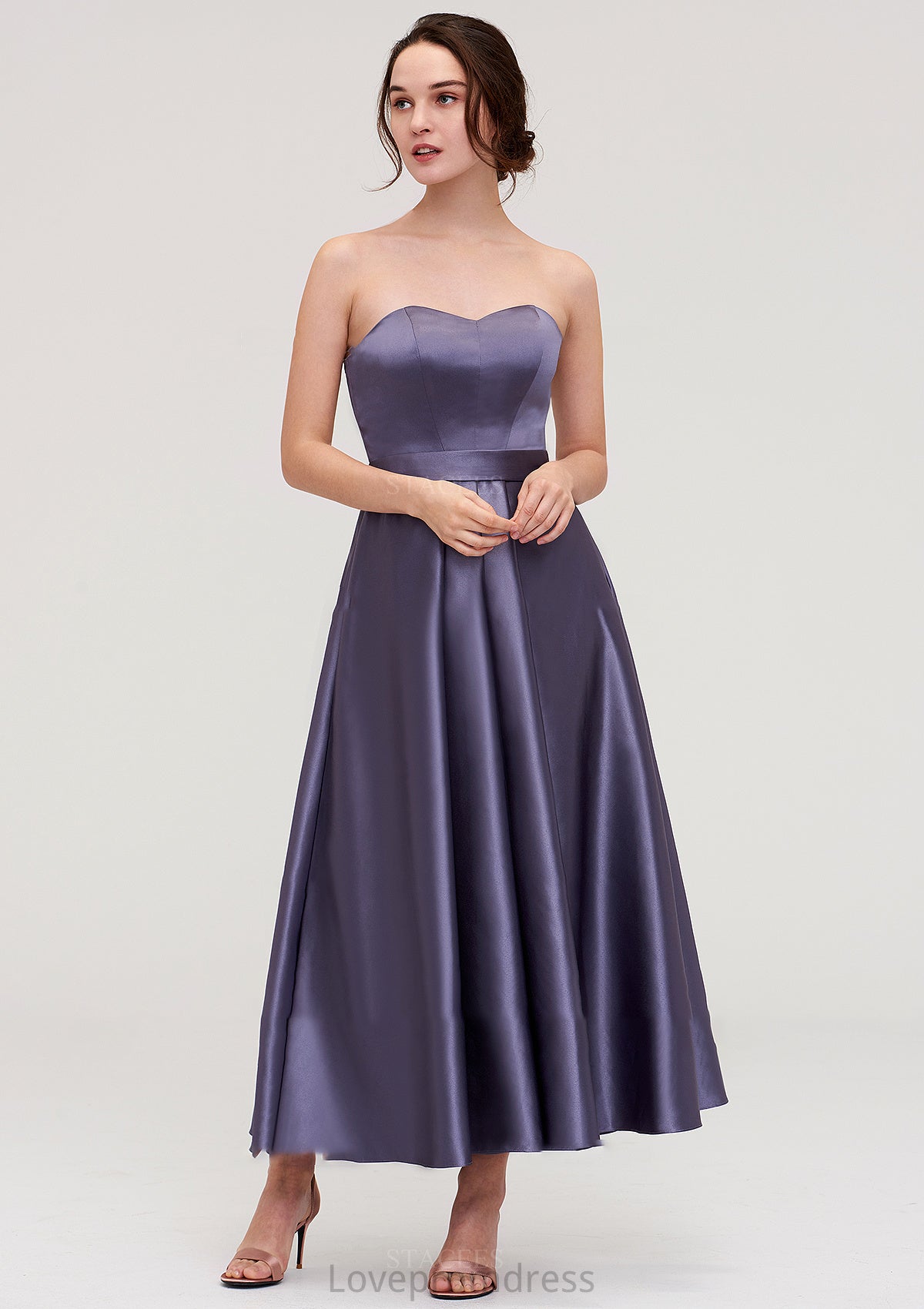 Sweetheart Sleeveless A-line/Princess Satin Ankle-Length Bridesmaid Dresses With Pleated Alia DYP0025408