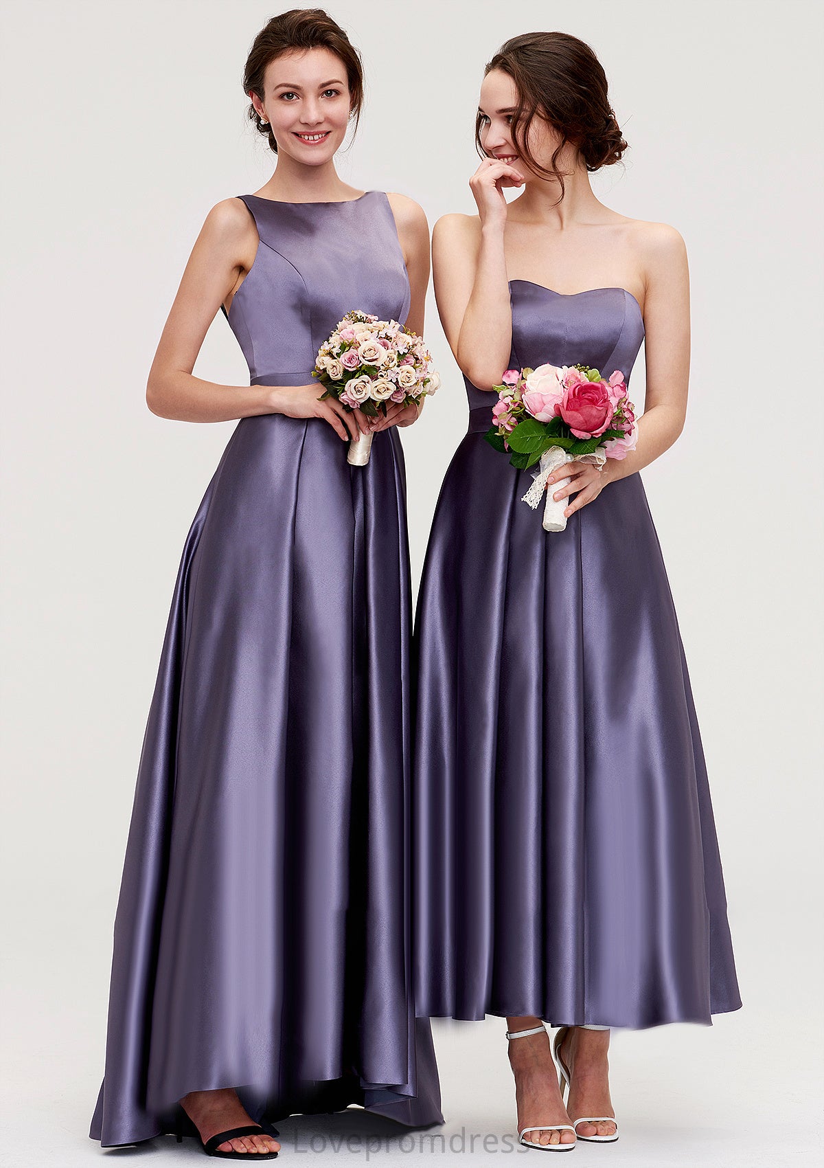 Sleeveless Bateau Ankle-Length Satin A-line/Princess Bridesmaid Dresses With Pleated Sanaa DYP0025409