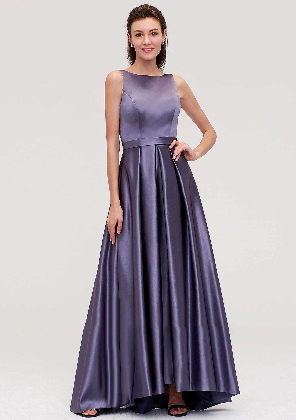 Sleeveless Bateau Ankle-Length Satin A-line/Princess Bridesmaid Dresses With Pleated Sanaa DYP0025409