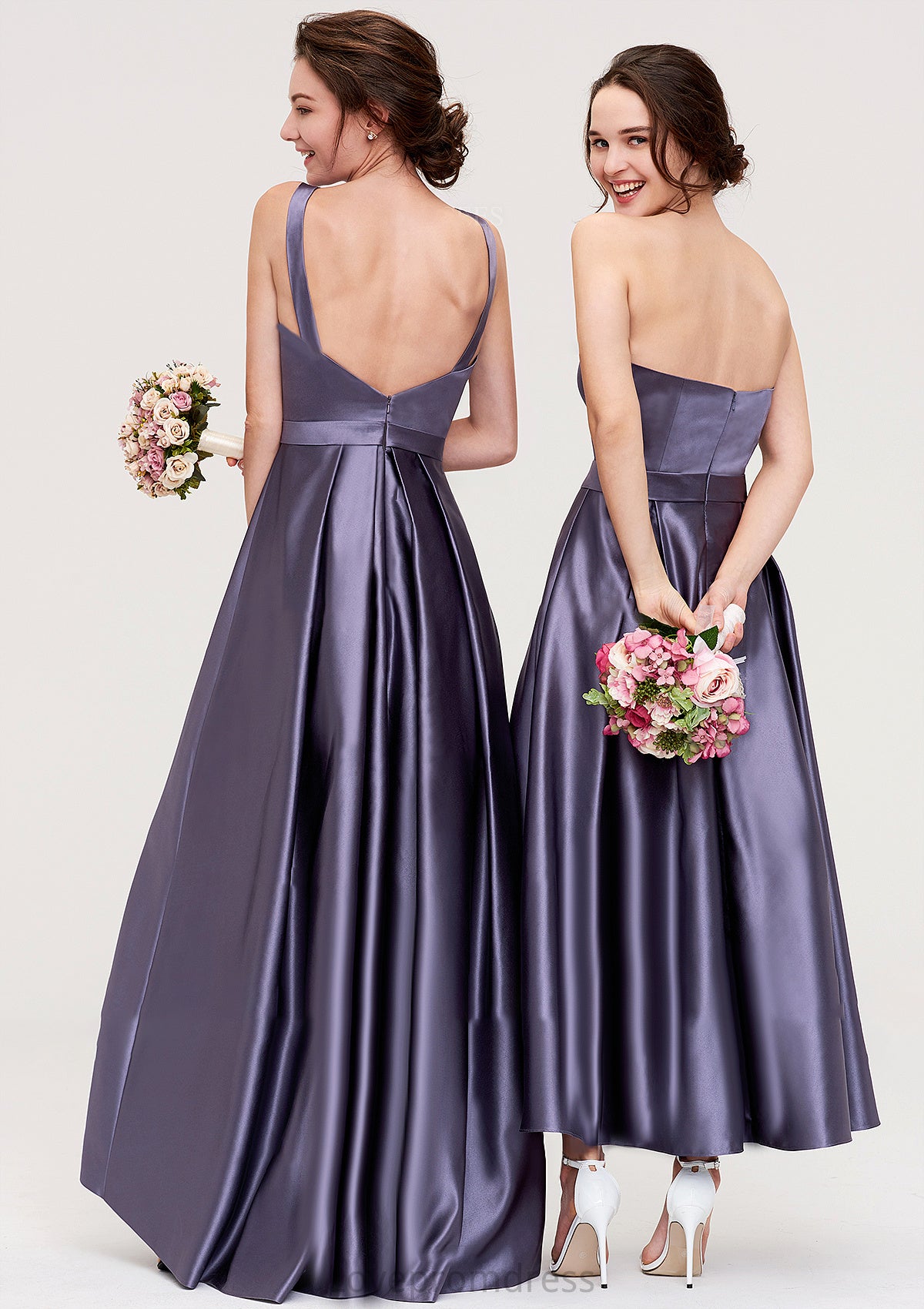 Sleeveless Bateau Ankle-Length Satin A-line/Princess Bridesmaid Dresses With Pleated Sanaa DYP0025409