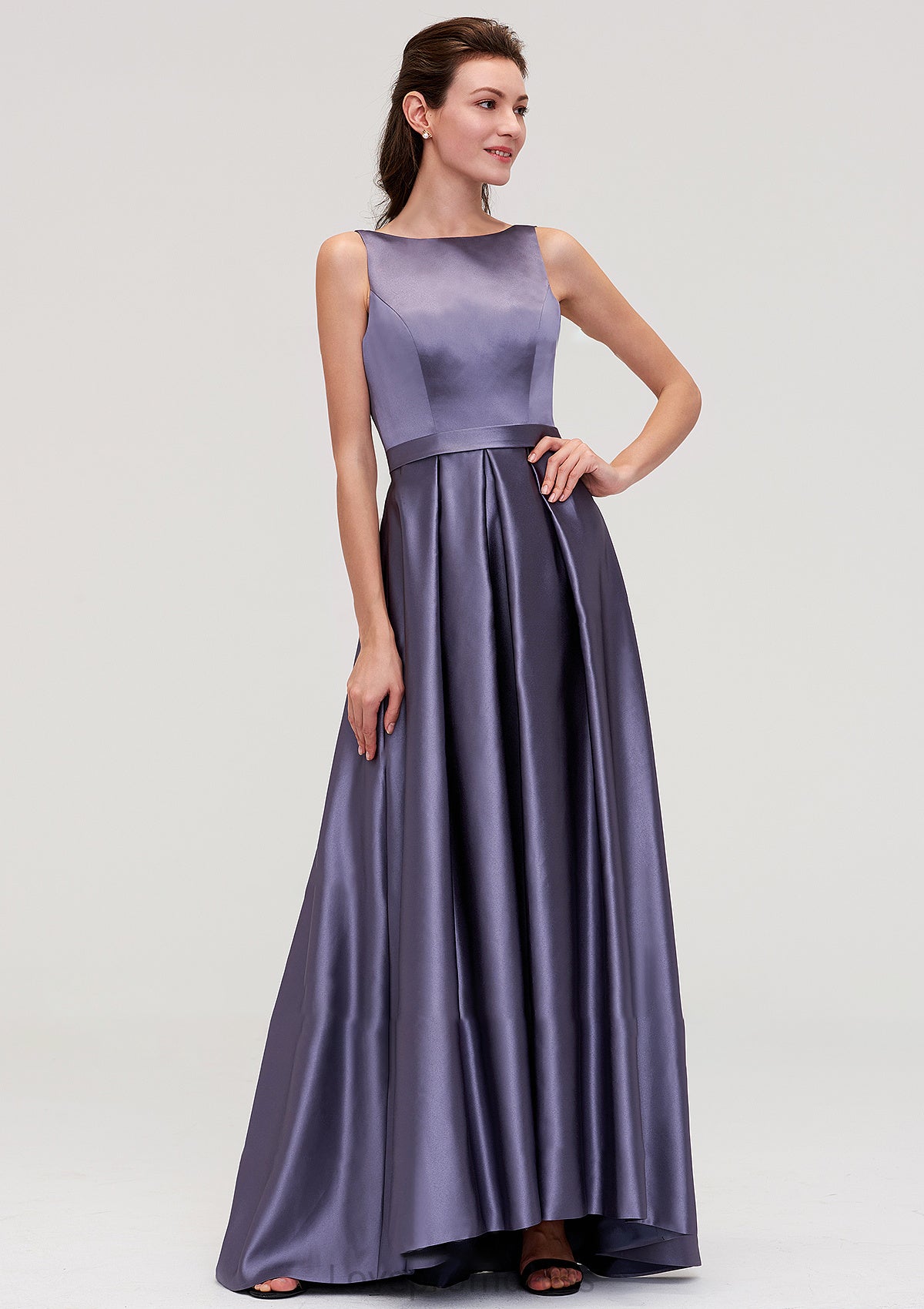 Sleeveless Bateau Ankle-Length Satin A-line/Princess Bridesmaid Dresses With Pleated Sanaa DYP0025409