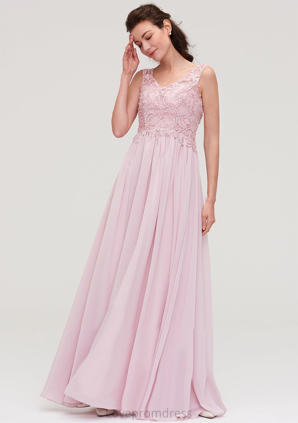 Sleeveless V Neck A-line/Princess Chiffon Long/Floor-Length Bridesmaid Dresseses With Beading Appliqued Mildred DYP0025410