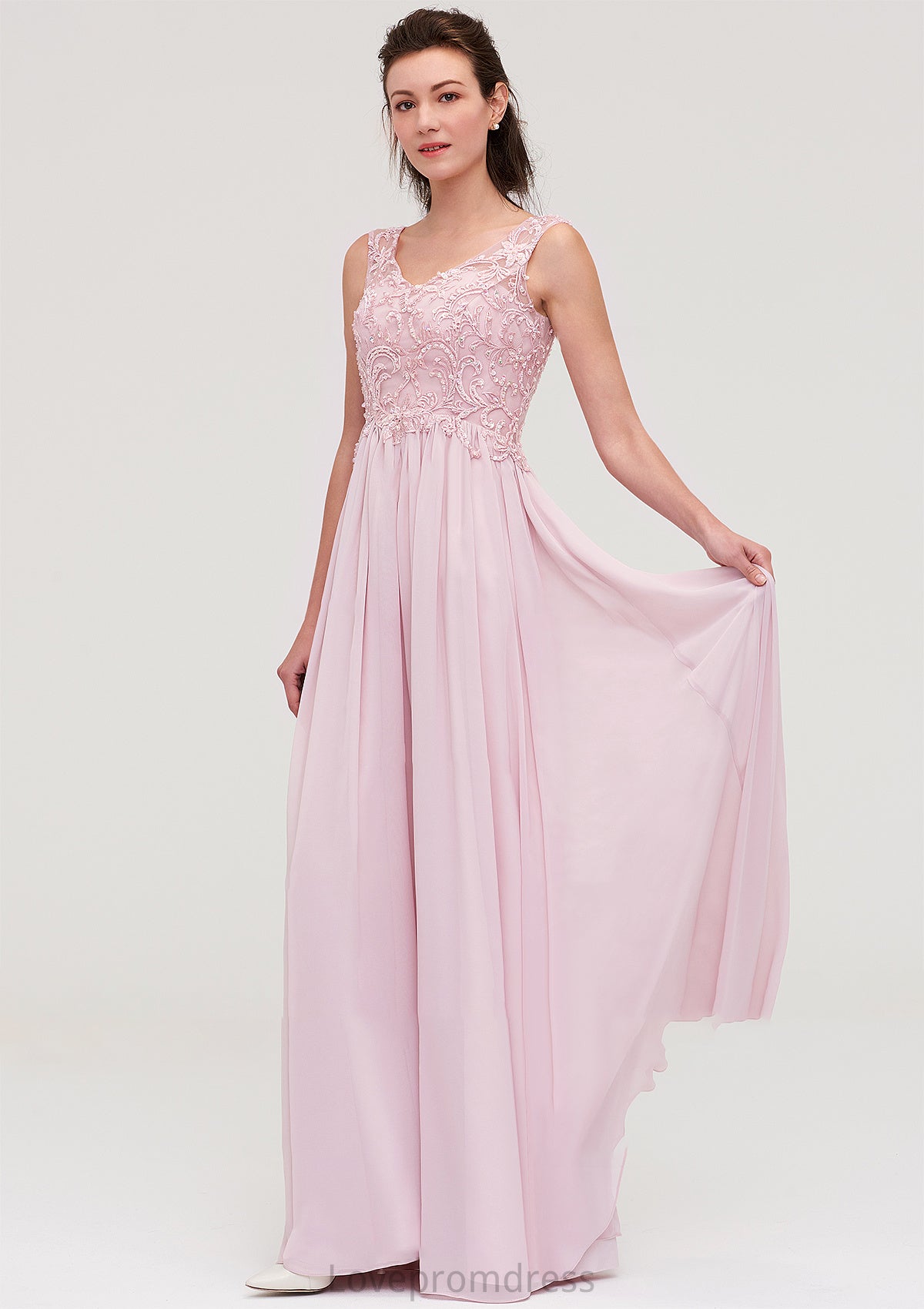 Sleeveless V Neck A-line/Princess Chiffon Long/Floor-Length Bridesmaid Dresseses With Beading Appliqued Mildred DYP0025410