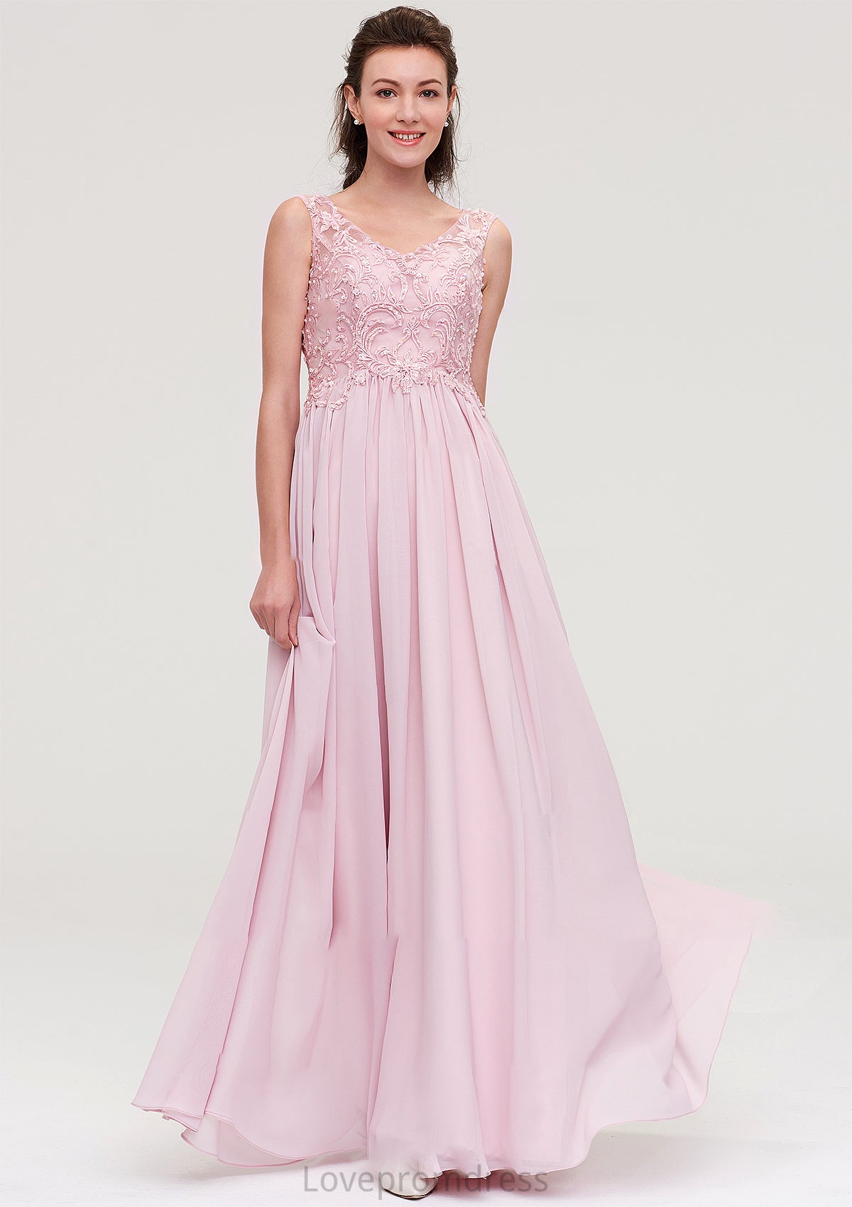 Sleeveless V Neck A-line/Princess Chiffon Long/Floor-Length Bridesmaid Dresseses With Beading Appliqued Mildred DYP0025410