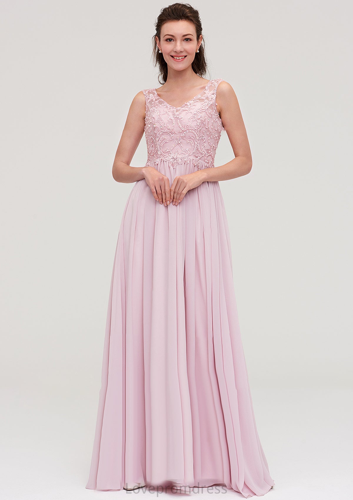 Sleeveless V Neck A-line/Princess Chiffon Long/Floor-Length Bridesmaid Dresseses With Beading Appliqued Mildred DYP0025410