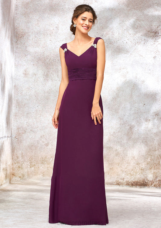 V Neck Sleeveless Long/Floor-Length Sheath/Column Chiffon Bridesmaid Dresses With Sashes Pleated Beading Mackenzie DYP0025412