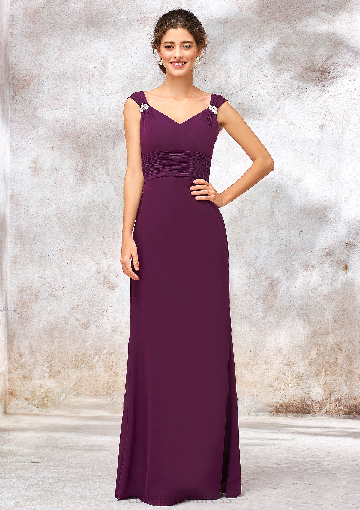 V Neck Sleeveless Long/Floor-Length Sheath/Column Chiffon Bridesmaid Dresses With Sashes Pleated Beading Mackenzie DYP0025412