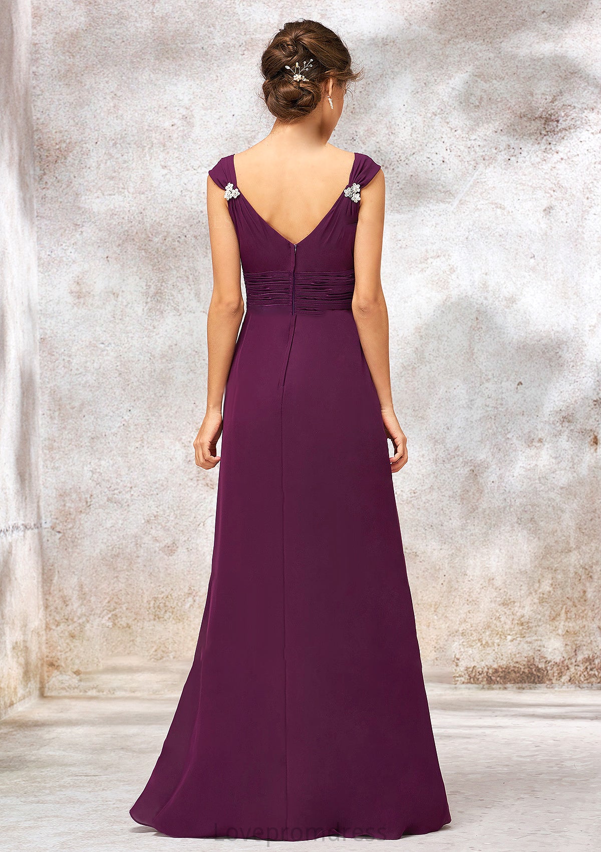 V Neck Sleeveless Long/Floor-Length Sheath/Column Chiffon Bridesmaid Dresses With Sashes Pleated Beading Mackenzie DYP0025412