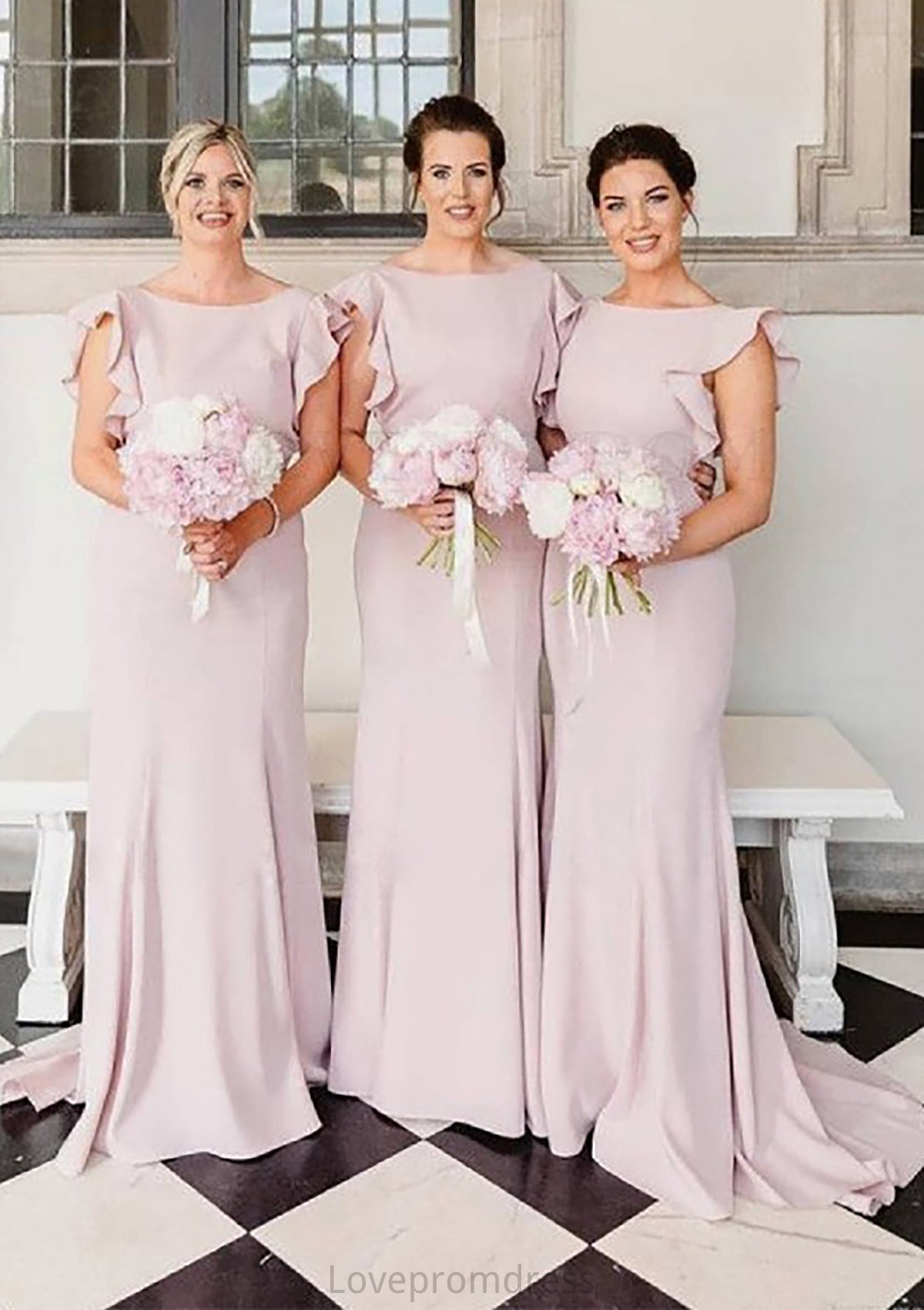 Sheath/Column Scoop Neck Sleeveless Sweep Train Elastic Satin Bridesmaid Dresses With Ruffles Makenna DYP0025415