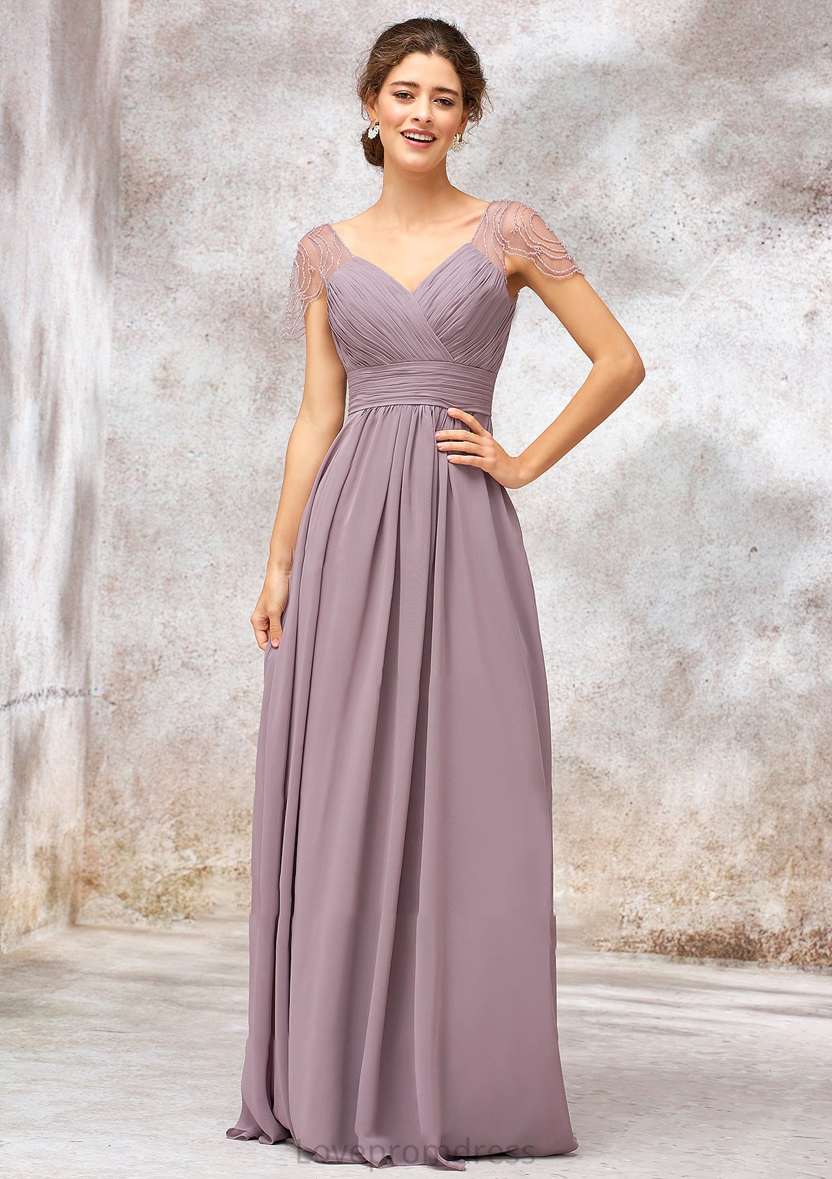 V Neck Long/Floor-Length Chiffon A-line/Princess Bridesmaid Dresses With Pleated Beading Katelyn DYP0025416