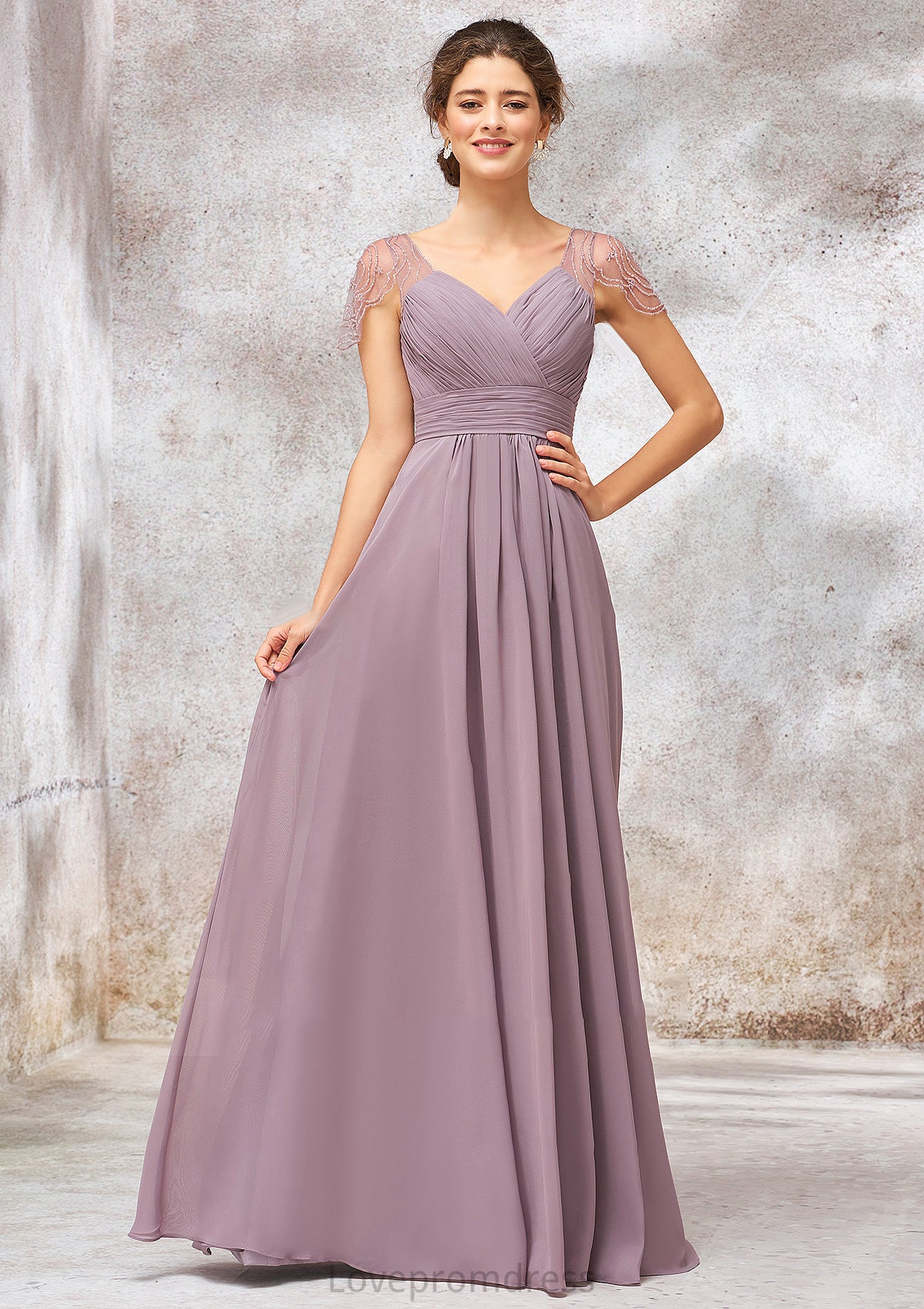 V Neck Long/Floor-Length Chiffon A-line/Princess Bridesmaid Dresses With Pleated Beading Katelyn DYP0025416