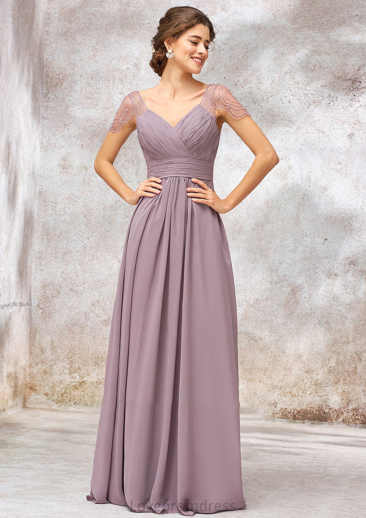 V Neck Long/Floor-Length Chiffon A-line/Princess Bridesmaid Dresses With Pleated Beading Katelyn DYP0025416