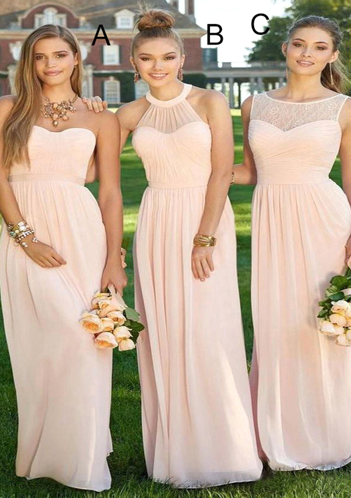 Sweetheart Sleeveless Long/Floor-Length A-Line/Princess Chiffon Bridesmaid Dresses Justine DYP0025418