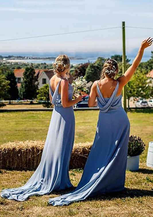 A-line V Neck Sleeveless Court Train Chiffon Bridesmaid Dresses With Pleated Belinda DYP0025419