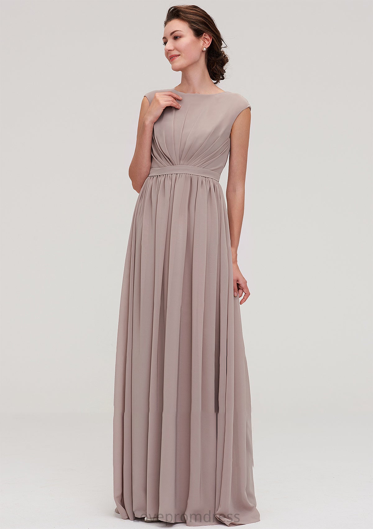 Bateau Sleeveless A-line/Princess Chiffon Long/Floor-Length Bridesmaid Dresses With Pleated Patience DYP0025420