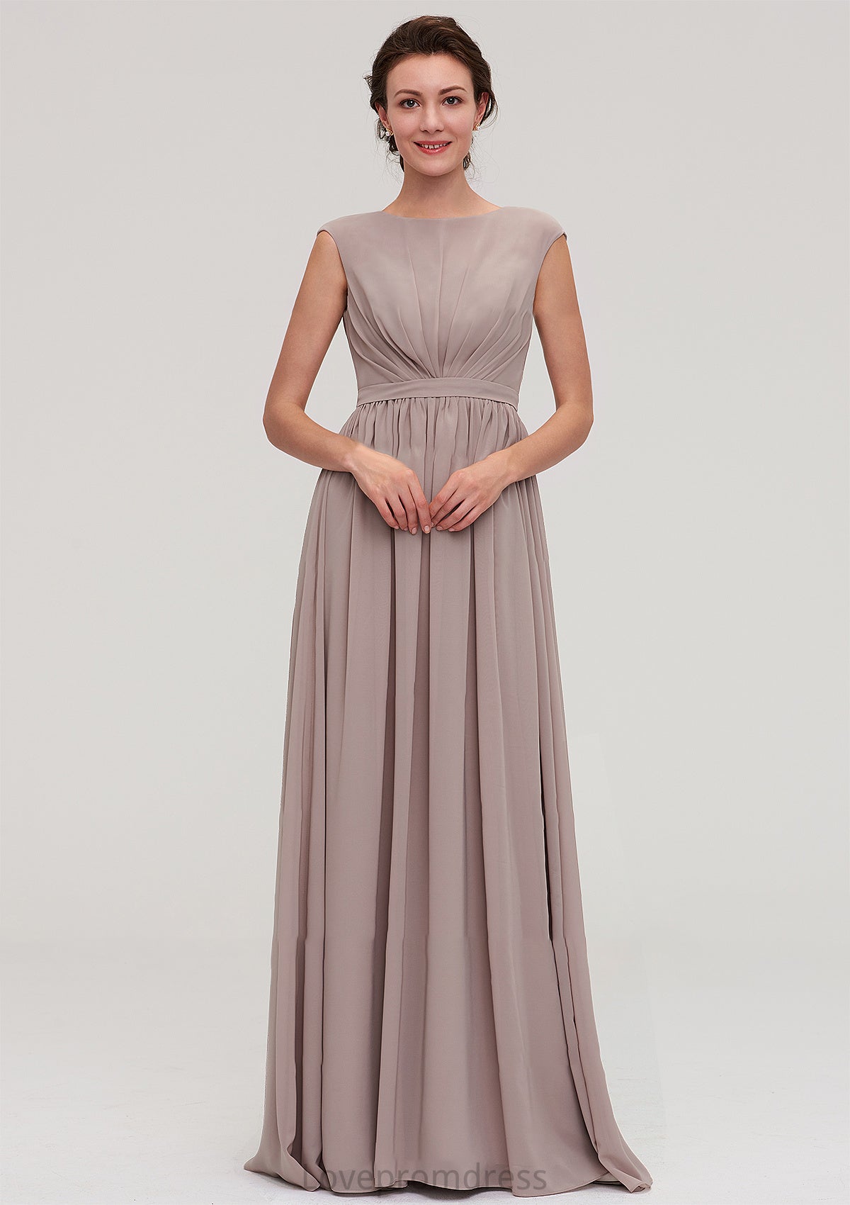 Bateau Sleeveless A-line/Princess Chiffon Long/Floor-Length Bridesmaid Dresses With Pleated Patience DYP0025420