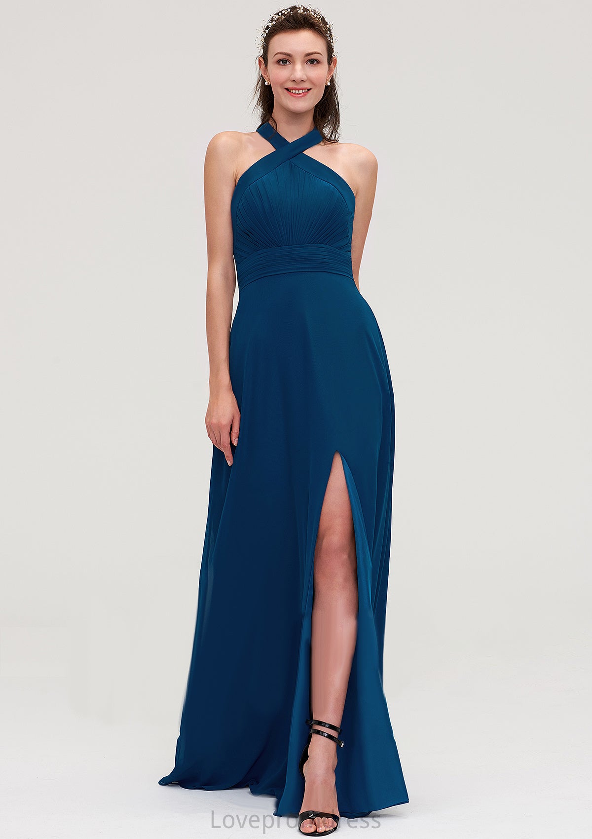 Scalloped Neck Sleeveless A-line/Princess Chiffon Long/Floor-Length Bridesmaid Dresseses With Split Pleated Gretchen DYP0025424