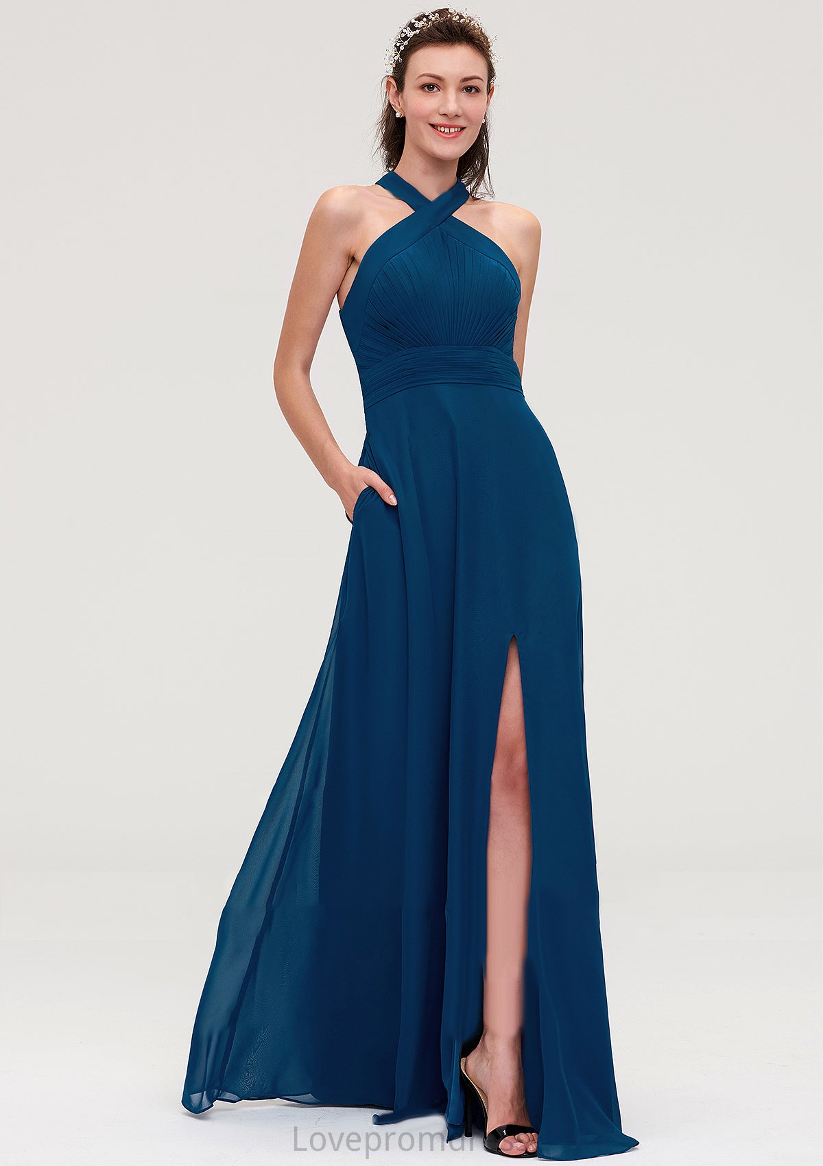 Scalloped Neck Sleeveless A-line/Princess Chiffon Long/Floor-Length Bridesmaid Dresseses With Split Pleated Gretchen DYP0025424