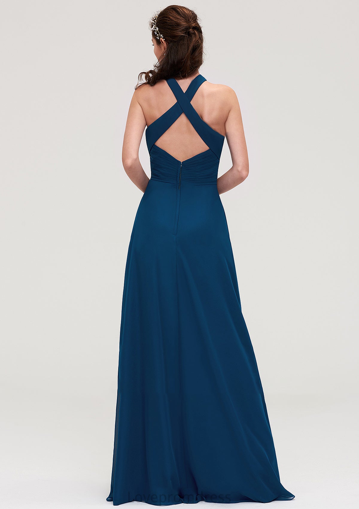 Scalloped Neck Sleeveless A-line/Princess Chiffon Long/Floor-Length Bridesmaid Dresseses With Split Pleated Gretchen DYP0025424