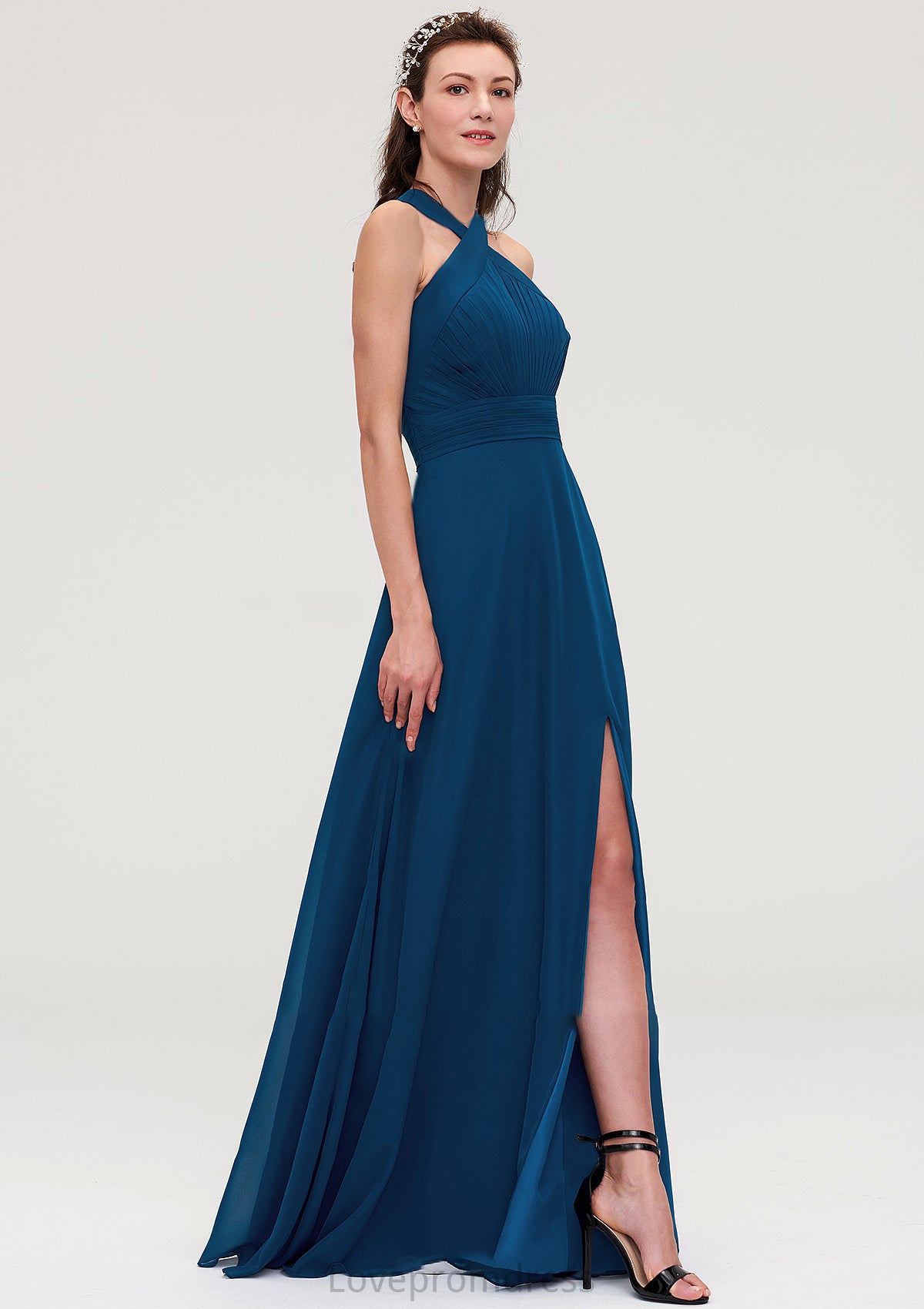 Scalloped Neck Sleeveless A-line/Princess Chiffon Long/Floor-Length Bridesmaid Dresseses With Split Pleated Gretchen DYP0025424