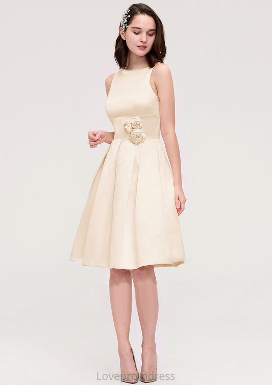 Sleeveless Bateau Knee-Length Satin A-line/Princess Bridesmaid Dresses With Pleated Flowers Raegan DYP0025425