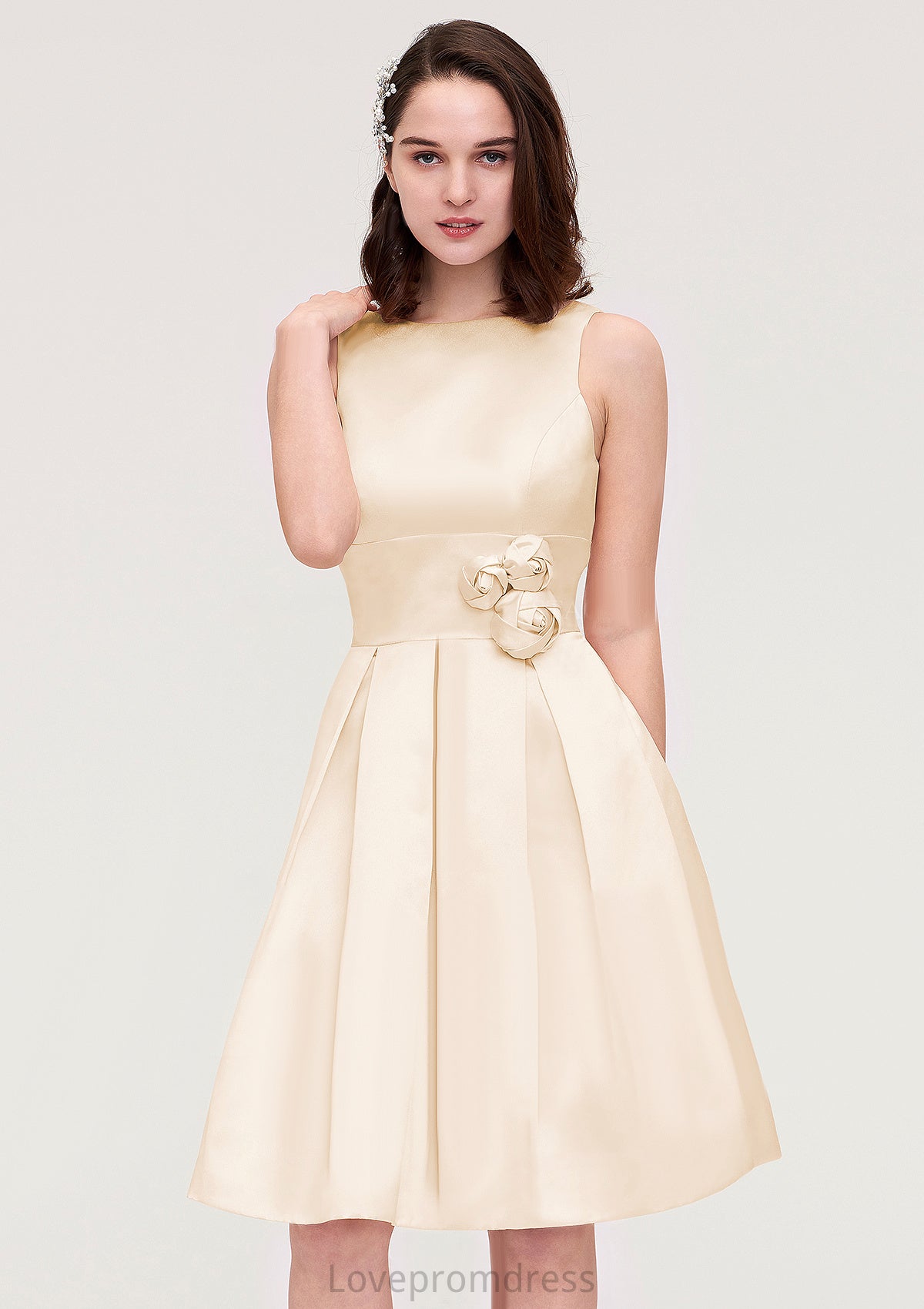 Sleeveless Bateau Knee-Length Satin A-line/Princess Bridesmaid Dresses With Pleated Flowers Raegan DYP0025425