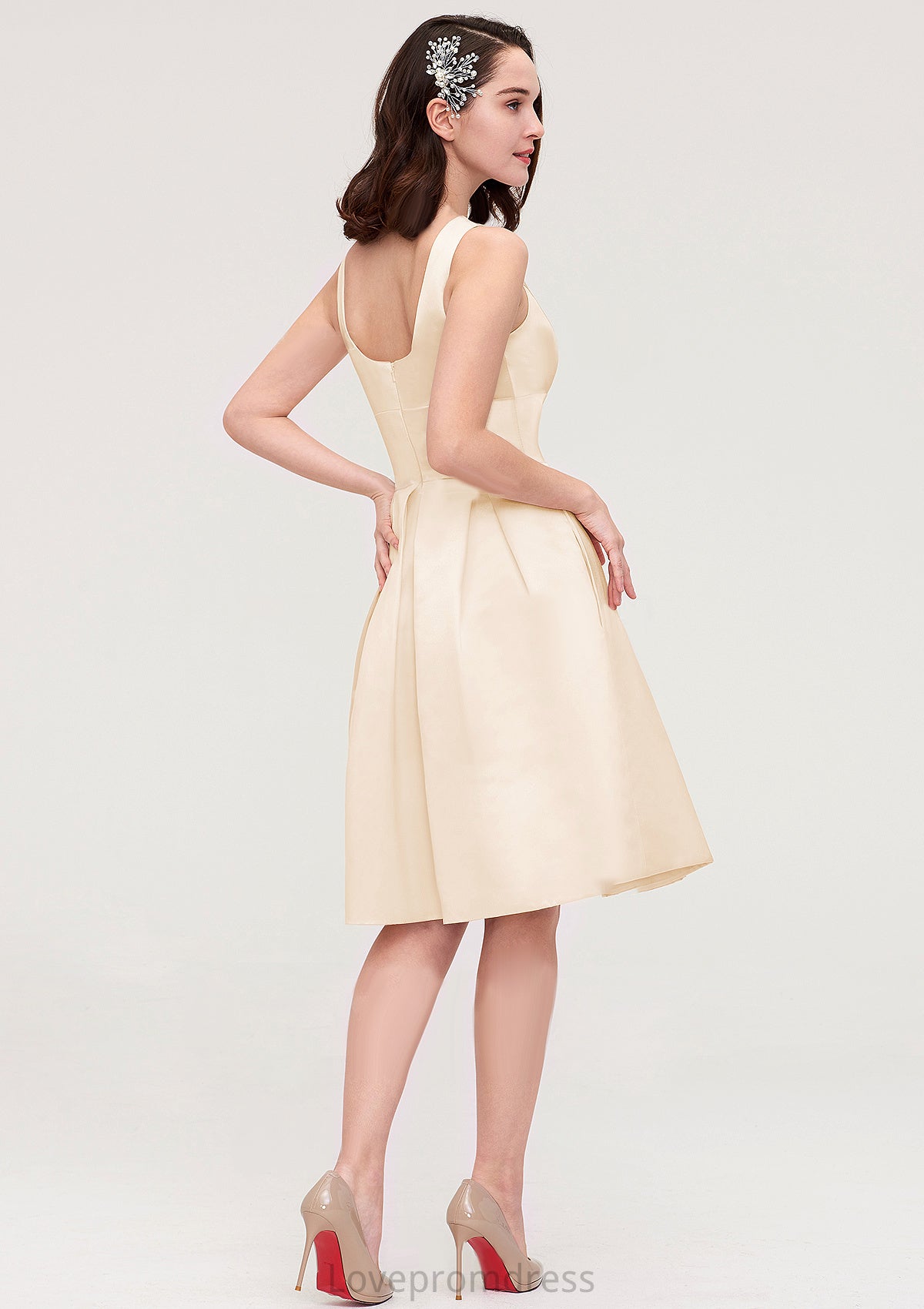 Sleeveless Bateau Knee-Length Satin A-line/Princess Bridesmaid Dresses With Pleated Flowers Raegan DYP0025425