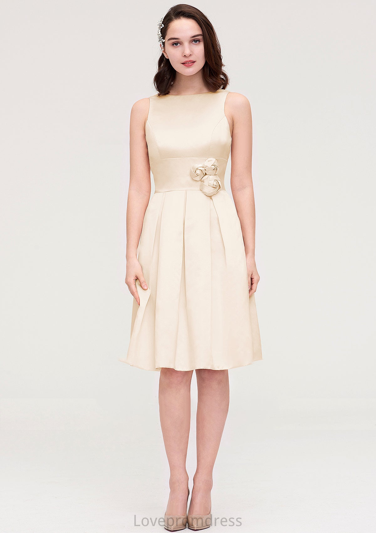 Sleeveless Bateau Knee-Length Satin A-line/Princess Bridesmaid Dresses With Pleated Flowers Raegan DYP0025425