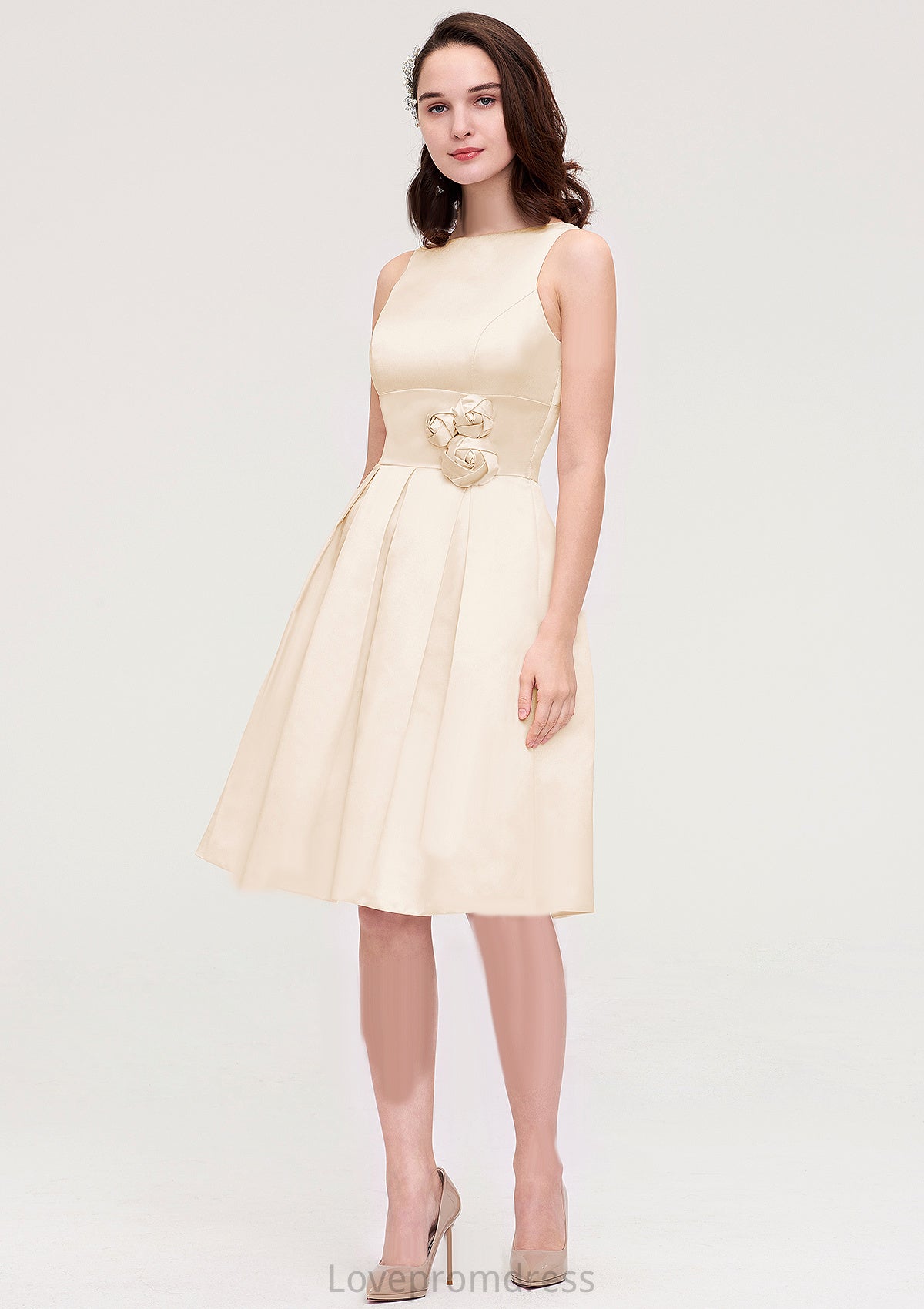 Sleeveless Bateau Knee-Length Satin A-line/Princess Bridesmaid Dresses With Pleated Flowers Raegan DYP0025425