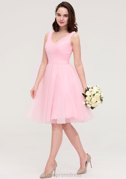 Sleeveless V Neck Knee-Length Tulle A-line/Princess Bridesmaid Dresses With Pleated Cassidy DYP0025426