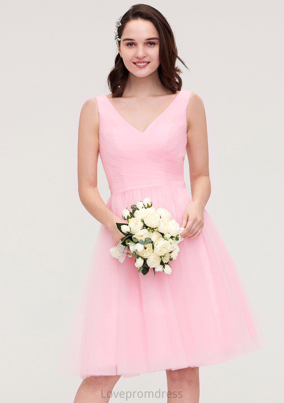 Sleeveless V Neck Knee-Length Tulle A-line/Princess Bridesmaid Dresses With Pleated Cassidy DYP0025426