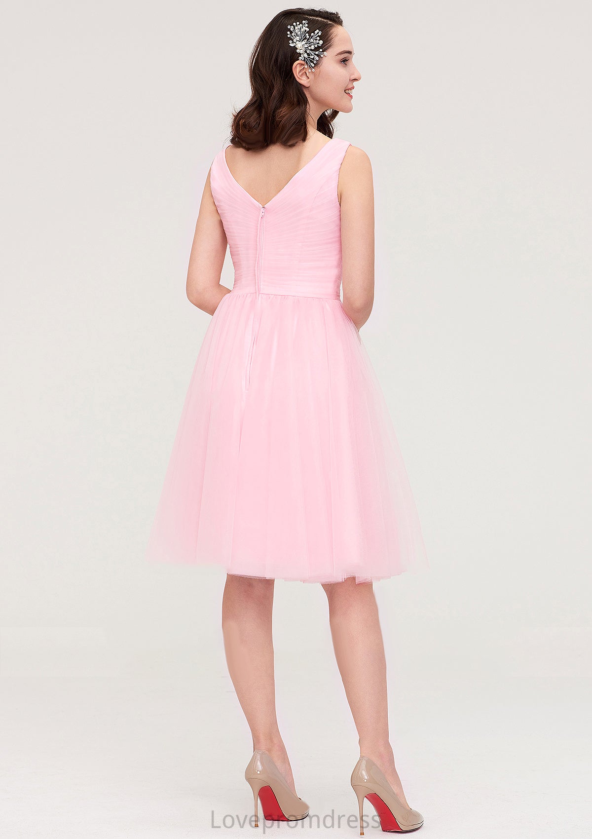 Sleeveless V Neck Knee-Length Tulle A-line/Princess Bridesmaid Dresses With Pleated Cassidy DYP0025426