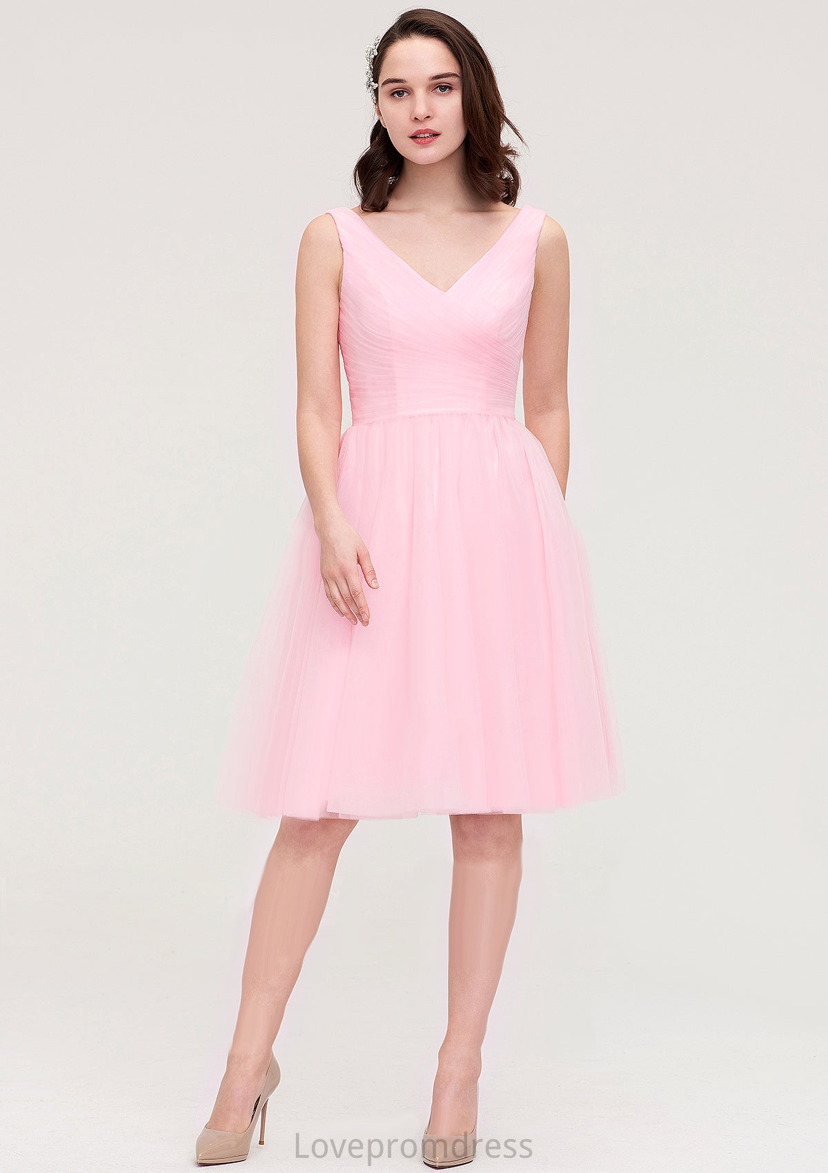 Sleeveless V Neck Knee-Length Tulle A-line/Princess Bridesmaid Dresses With Pleated Cassidy DYP0025426