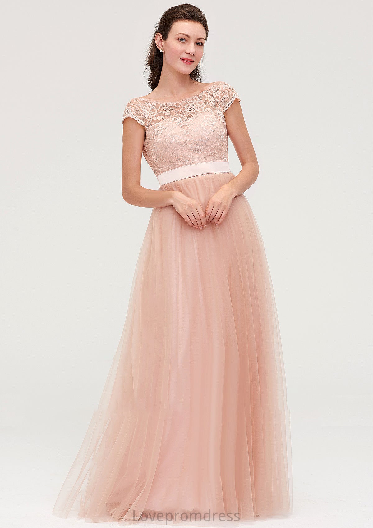 Bateau Sleeveless Tulle A-line/Princess Long/Floor-Length Bridesmaid Dresseses With Sashes Lace Judith DYP0025427