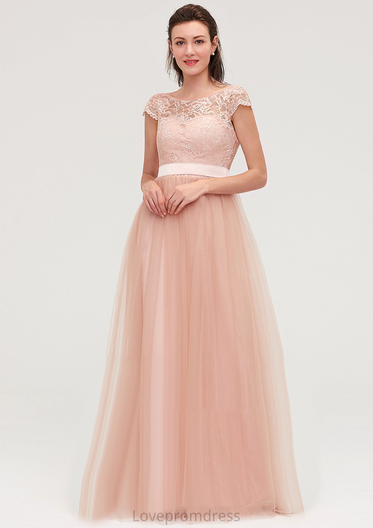 Bateau Sleeveless Tulle A-line/Princess Long/Floor-Length Bridesmaid Dresseses With Sashes Lace Judith DYP0025427