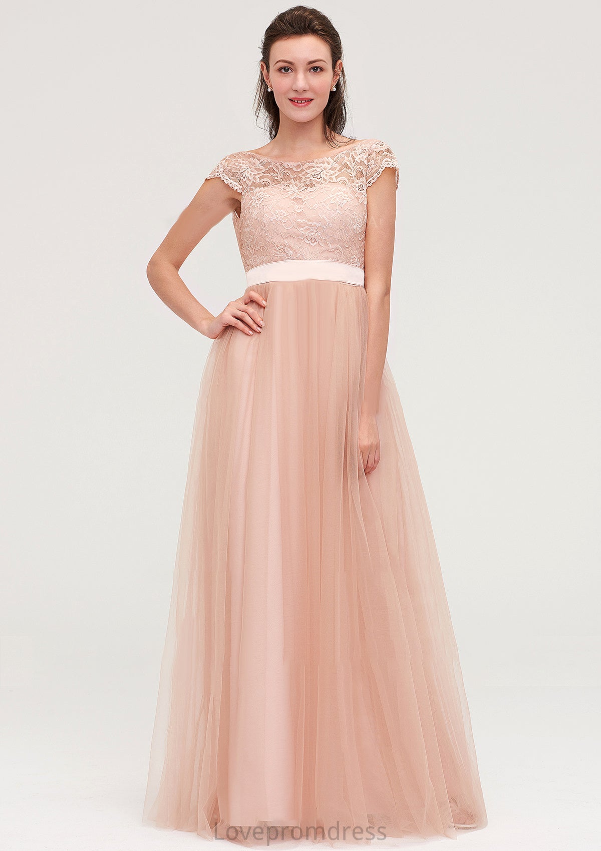 Bateau Sleeveless Tulle A-line/Princess Long/Floor-Length Bridesmaid Dresseses With Sashes Lace Judith DYP0025427